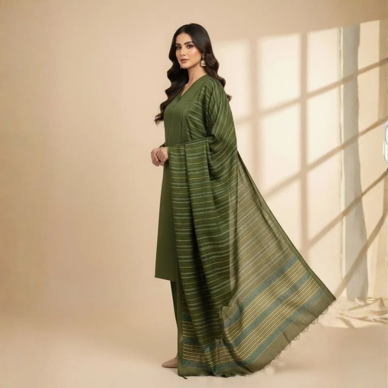 Winter Sussi Silk 3-Piece Suit for Women | Unstitched Plain Shirt & Trouser | Heavy Winter Sussi Shawl | Bottle Green - Image 2