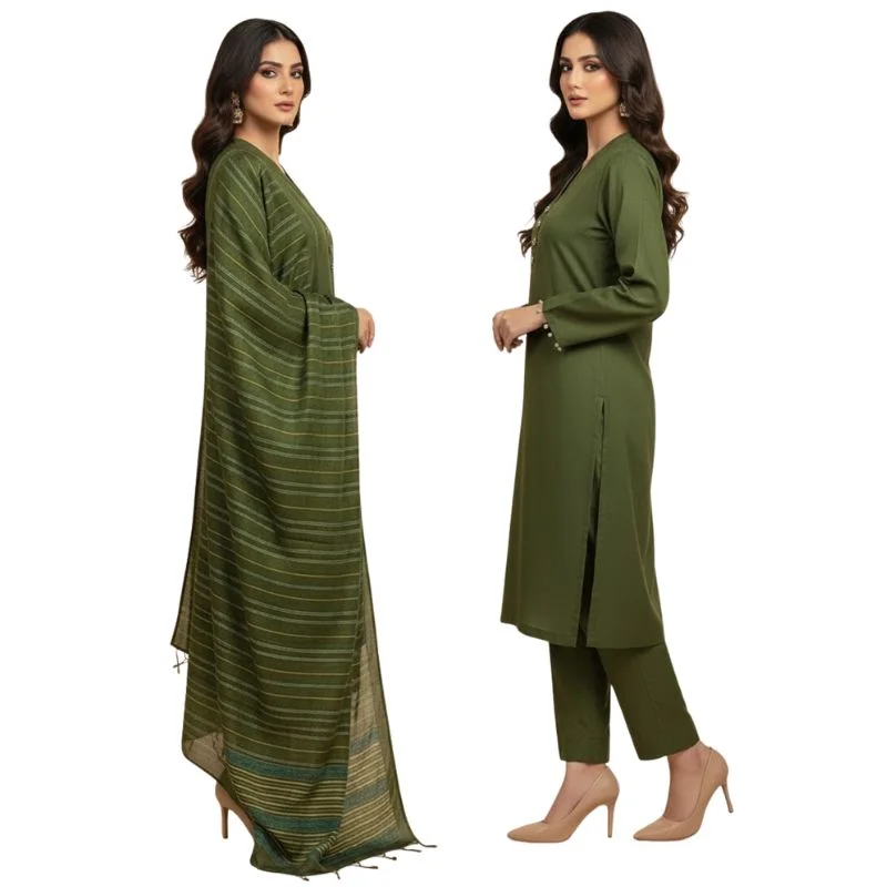 Winter Sussi Silk 3-Piece Suit for Women | Unstitched Plain Shirt & Trouser | Heavy Winter Sussi Shawl | Bottle Green - Image 3