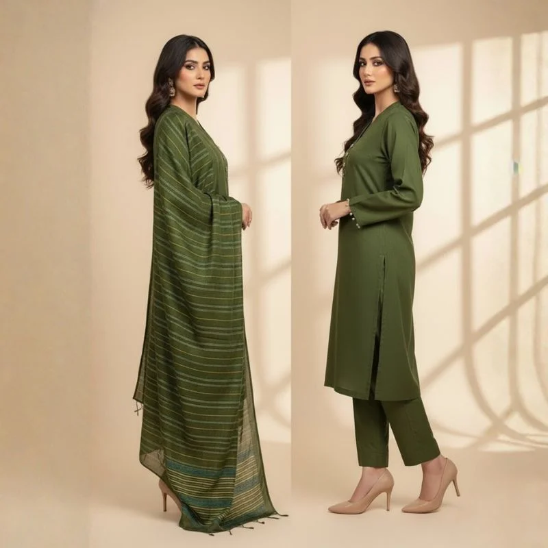 Winter Sussi Silk 3-Piece Suit for Women | Unstitched Plain Shirt & Trouser | Heavy Winter Sussi Shawl | Bottle Green - Image 4