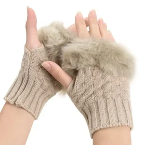 Women’s Faux Fur Fingerless Knitted Gloves | Warm Winter Hand Wrist Warmers | Soft, Stylish & Comfortable | Beige