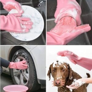 Reusable Silicone Washing Gloves with Built-In Scrubber for Kitchen Bathroom Car and Multipurpose Cleaning (Random Color)